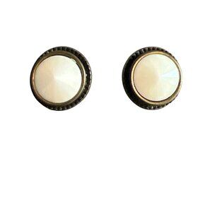 Vintage Antique Gold Tone Stud Earrings Cream Acrylic Rivoli Cabochon Estate .5"